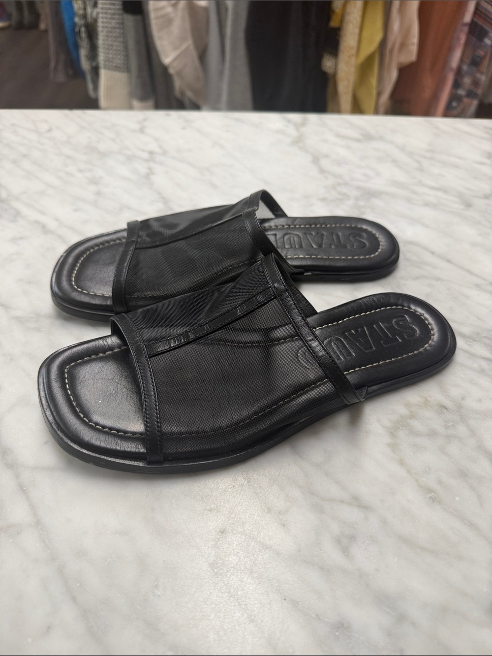 STAUD Black Leather and Mesh Slip on Flats Size 38